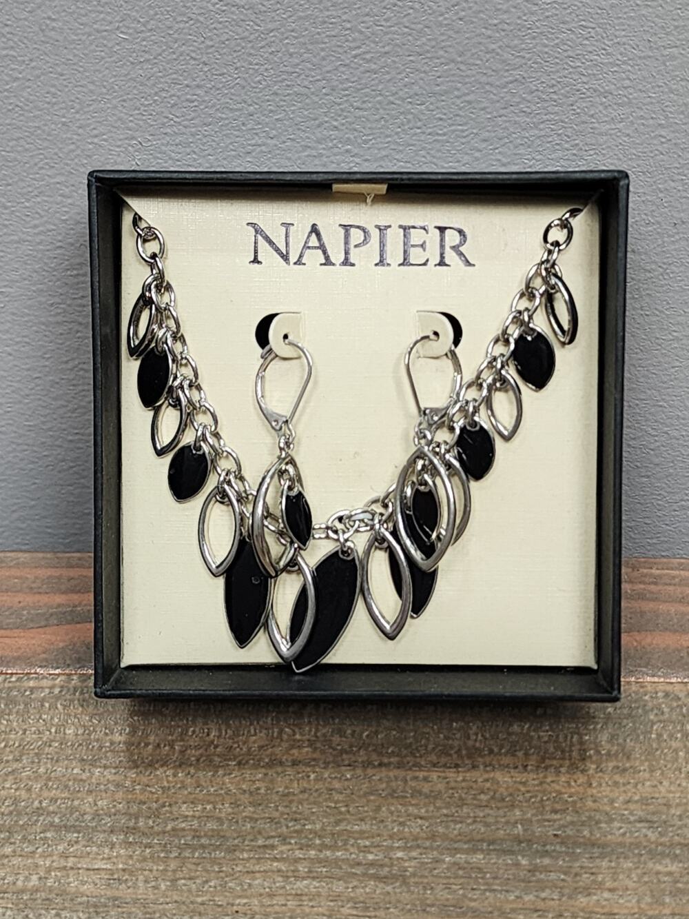 Napier Black Stone Silver Tone Long Necklace And Matching Dangle Earrings